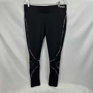 FILA sport performance running leggings Sz L Black and Neon Rainbow Stitching